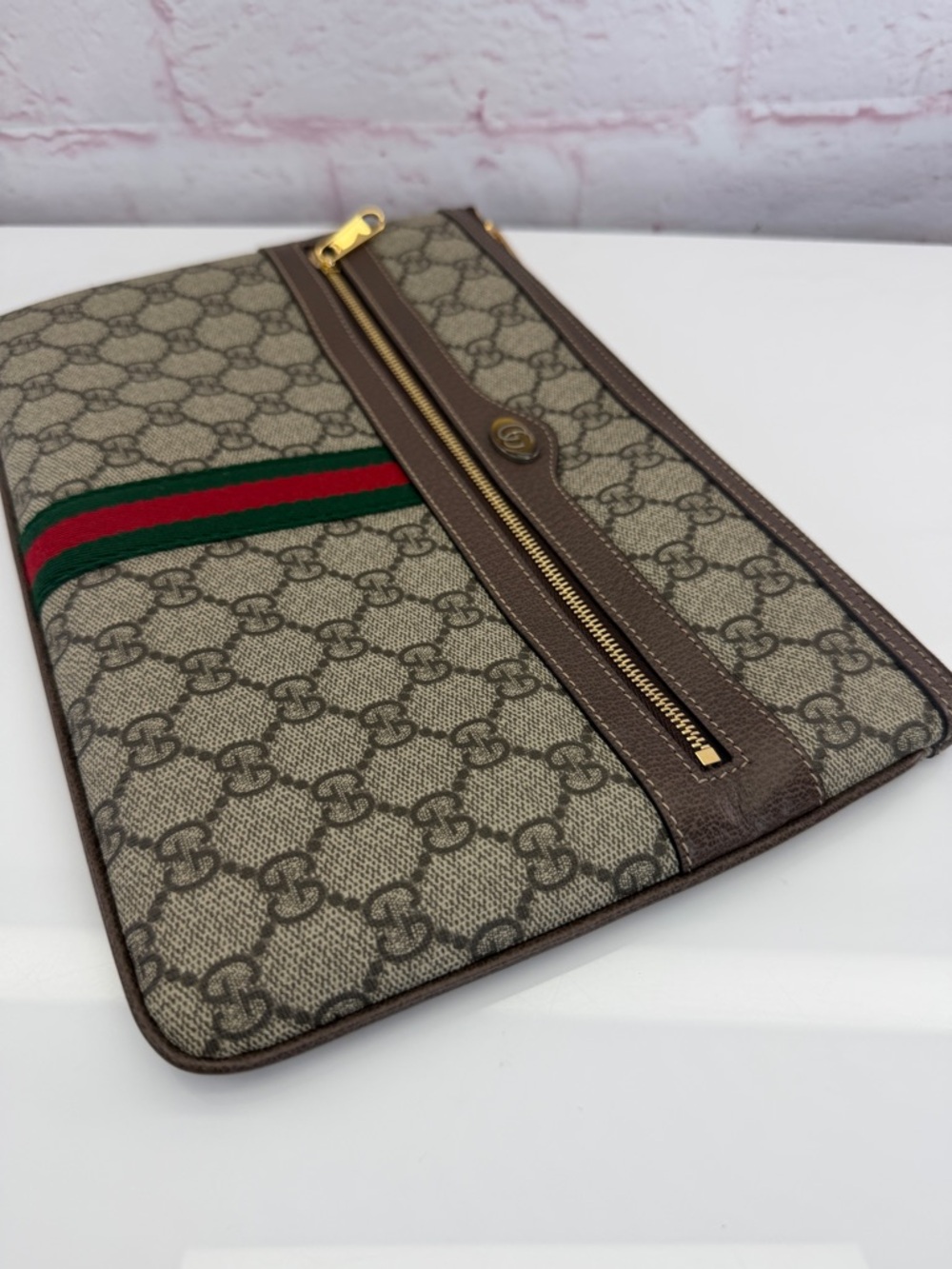 Gucci GG Supreme Ophidia Canvas Pouch Clutch with Web Stripe - Brown/Tan - Picture 9 of 14